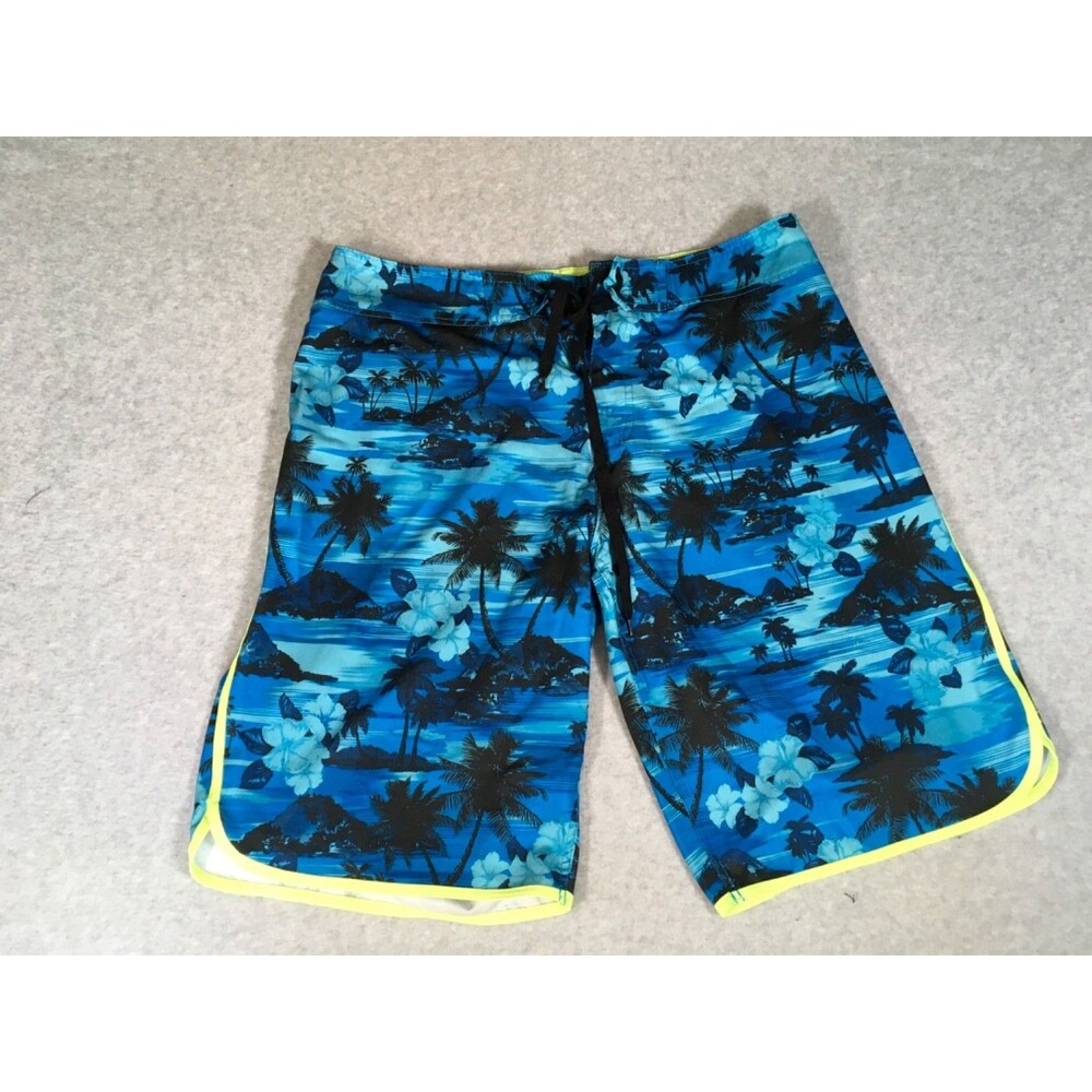 Burn Side Swim Trunks Mens 34 X 11" Board Shorts Tie Waist Hawaiian Palm Floral